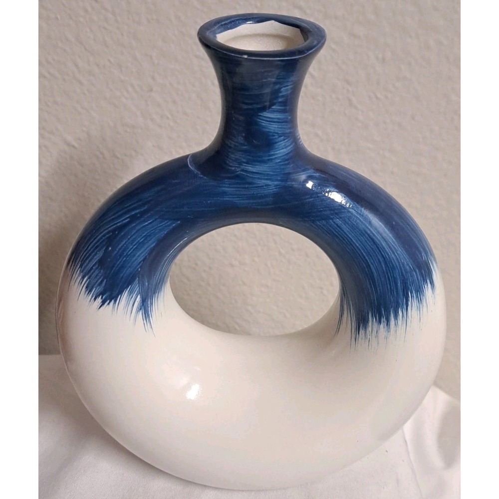 Vintage Modernist Ceramic Donut Vase Blue White Glaze Sculptural Bud Vase